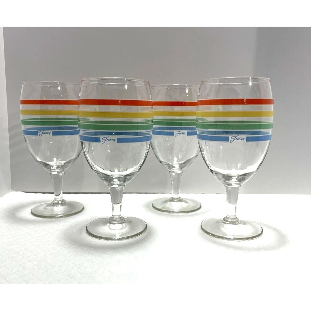 Set of 4 Fiesta Multicolor Striped Footed Goblets/Wine Glasses, No Chips-EXCL - Picture 1 of 8